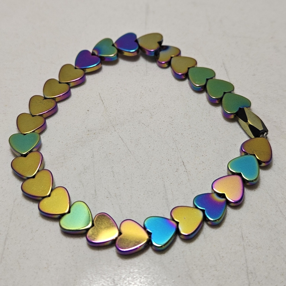 Heart-Shaped Hematite Beaded Stretch Bracelet HANDMADE NWOT - Picture 4 of 7